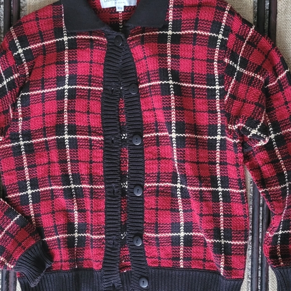 Vintage Plaid Sweater Collared Cardigan Red Black Yellow Checkered Baxter Wells - Picture 3 of 5